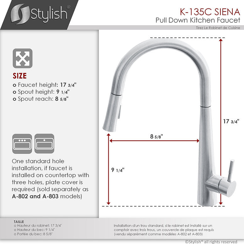 Stylish Siena Kitchen Faucet Single Handle Pull Down Dual Mode Stainless Steel Polished Chrome Finish K-135C