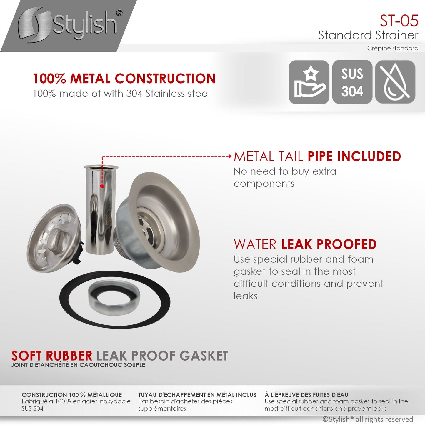 Stylish 3.5" Stainless Steel Strainer with Removable Basket, Strainer Assembly ST-05