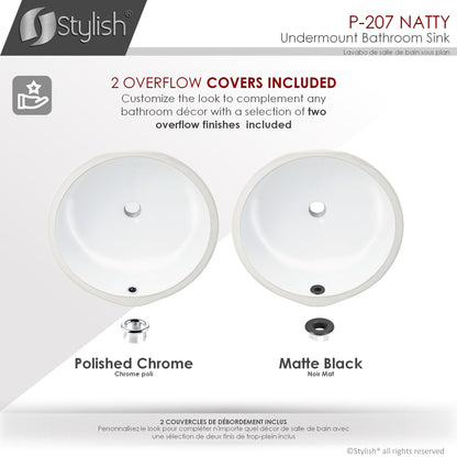 Stylish Natty 16" x 16" Round Undermount Ceramic Bathroom Sink with 2 Overflow Finishes P-207
