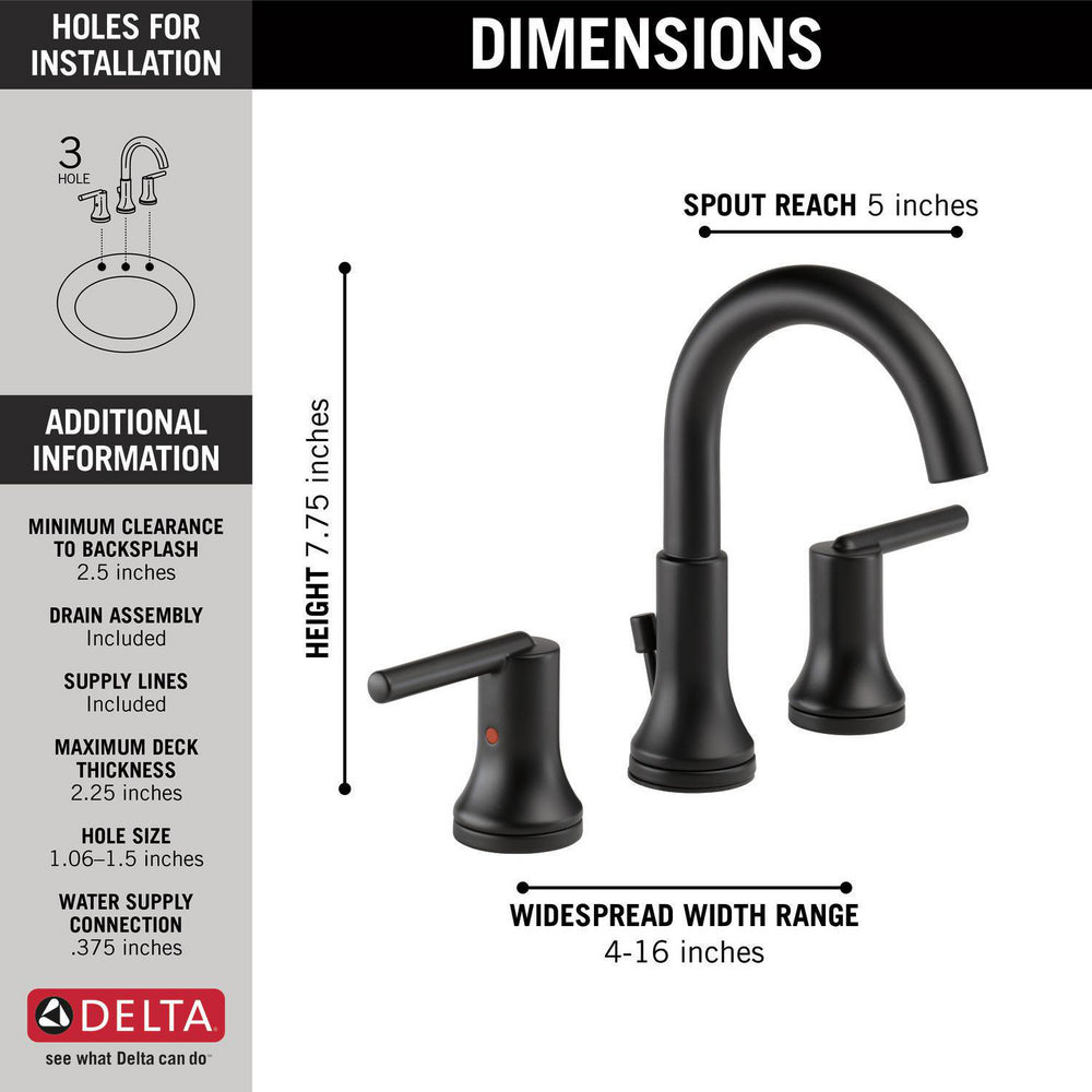 Delta TRINSIC Two Handle Widespread 3 Hole Bathroom Faucet- Matte Black