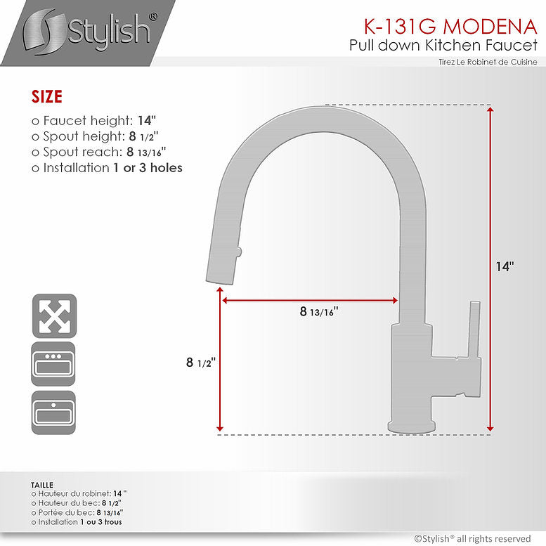 Stylish Modena 14" Kitchen Faucet Single Handle Pull Down Dual Mode Stainless Steel Gold Finish K-131G