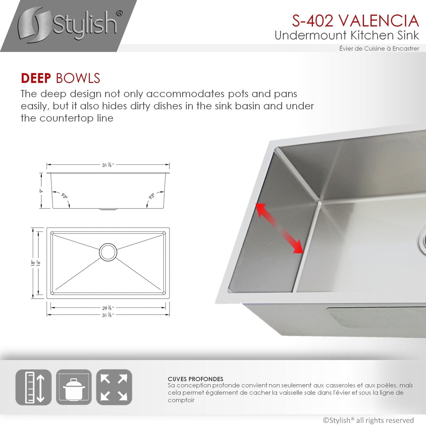 STYLISH Valencia 31.13" x 18" Single Bowl Undermount Stainless Steel Kitchen Sink S-402G
