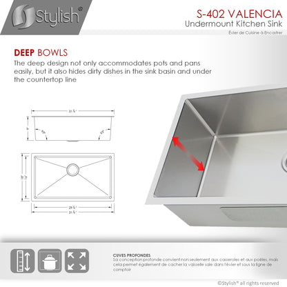 STYLISH Valencia 31.13" x 18" Single Bowl Undermount Stainless Steel Kitchen Sink S-402G