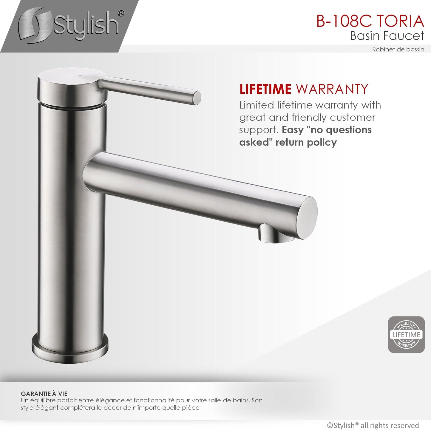 Stylish Toria 6" Single Handle Basin Bathroom Faucet in Stainless Steel Finish B-108S