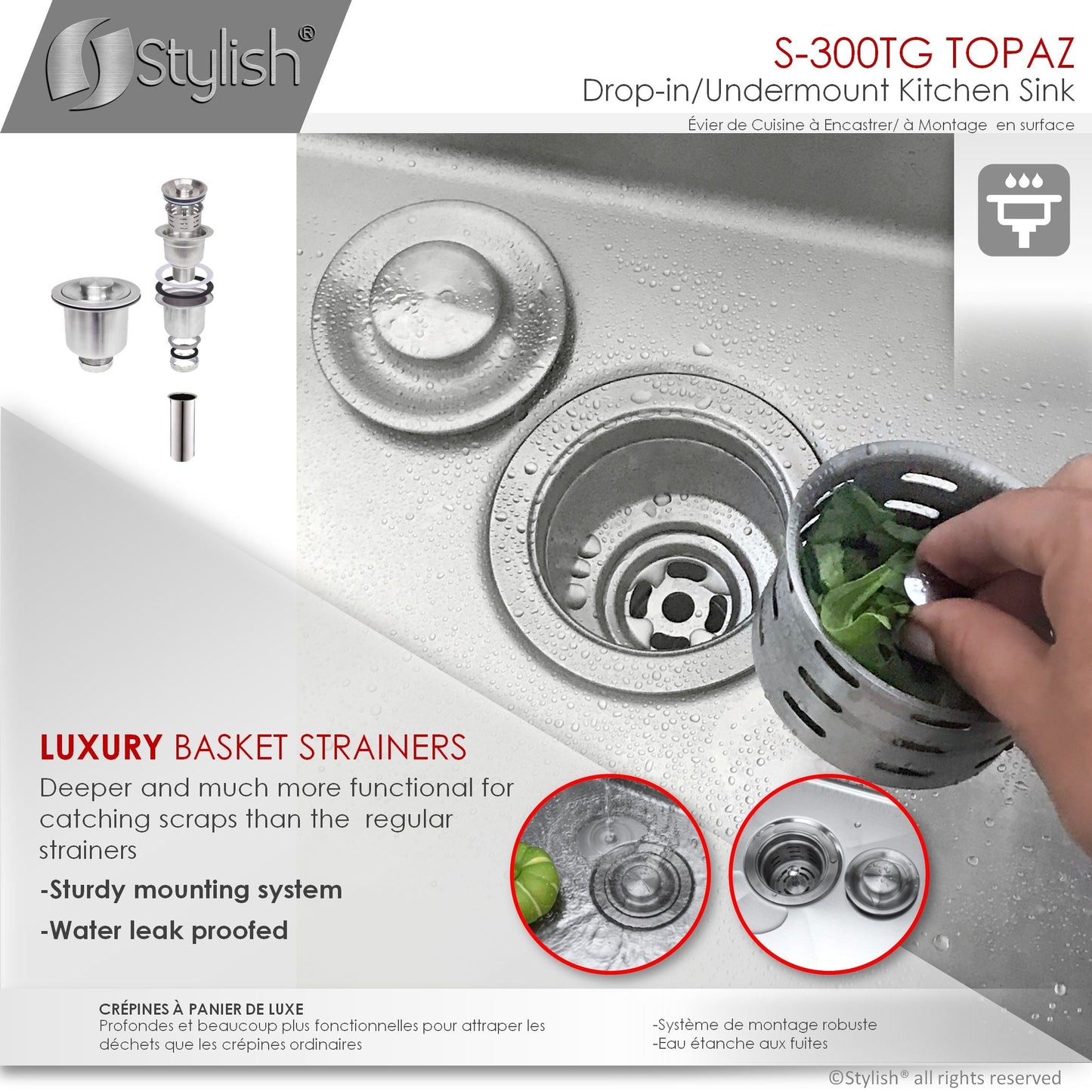 Stylish TOPAZ 28" x 18" Dual Mount Double Bowl Kitchen Sink, 18 Gauge Stainless Steel with Grids and Basket Strainers, S-300TG