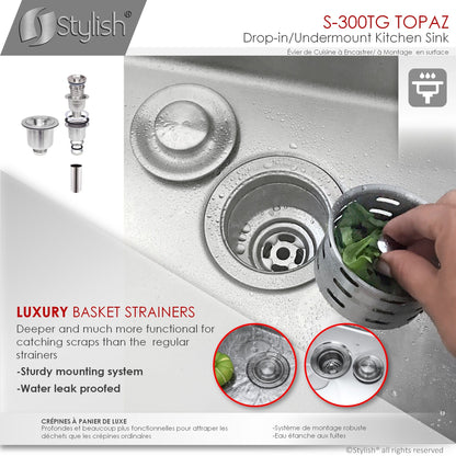 Stylish TOPAZ 28" x 18" Dual Mount Double Bowl Kitchen Sink, 18 Gauge Stainless Steel with Grids and Basket Strainers, S-300TG