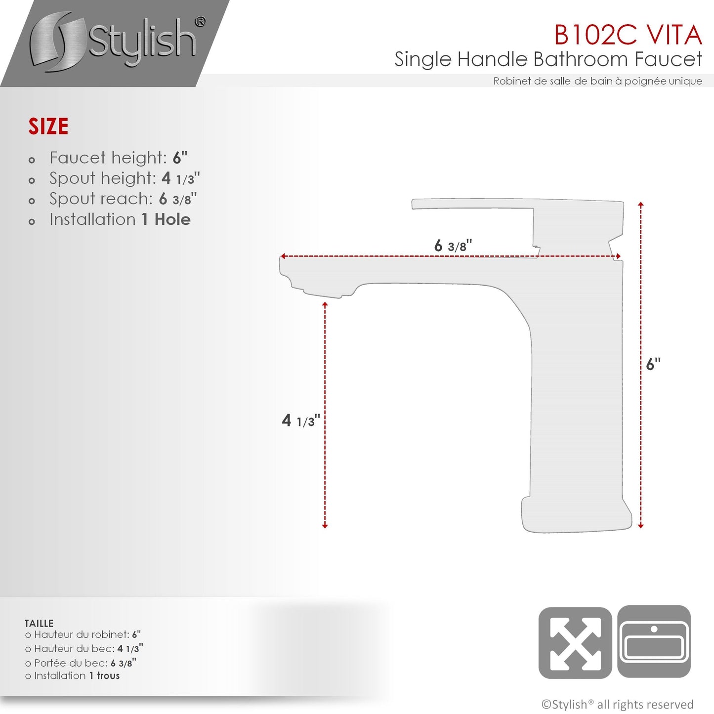 Stylish Vita Single Handle 6" Bathroom Faucet for Single Hole Brass Basin Mixer Tap, Polished Chrome Finish B-102C