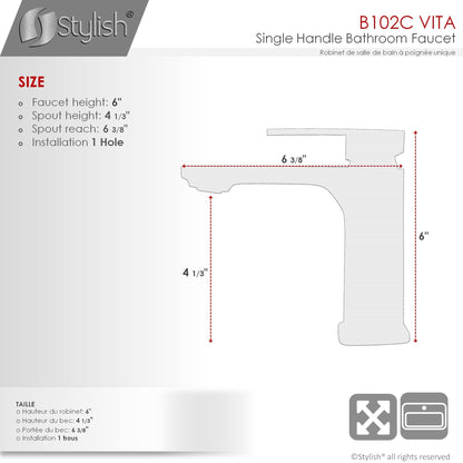 Stylish Vita Single Handle 6" Bathroom Faucet for Single Hole Brass Basin Mixer Tap, Polished Chrome Finish B-102C