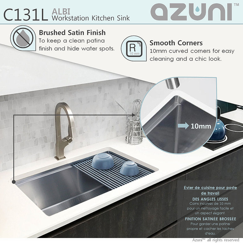 Stylish Azuni Albi 30" x 19" Reversible Undermount Workstation Single Bowl Kitchen Sink C131L