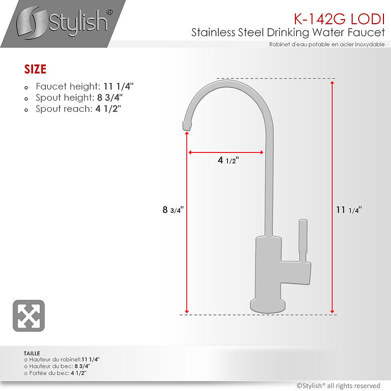 Stylish Lodi 11.25" Kitchen Drinking Water Tap Faucet, Stainless Steel Brushed Gold Finish K-142G