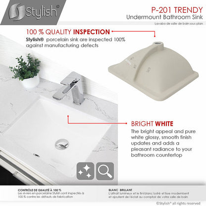 Stylish Trendy 18" Rectangular Undermount Bathroom Sink with Overflow Polished Chrome P-201X (Only Available With Purchase of 50+)