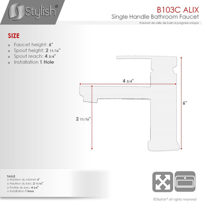 Stylish Alix Single Handle 6" Bathroom Faucet for Single Hole Brass Basin Mixer Tap, Polished Chrome Finish B-103C