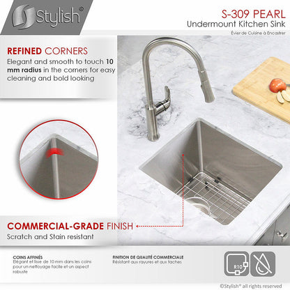Stylish Pearl 16" x 18" Single Bowl Undermount Stainless Steel Kitchen Bar Sink S-309XG