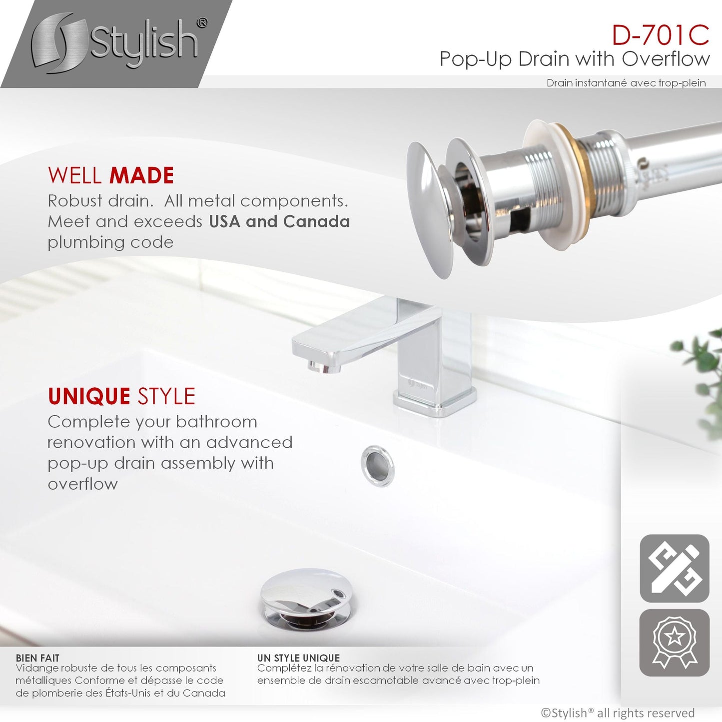 Stylish Pop-Up Drain with Overflow D-701C