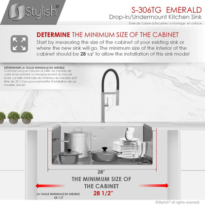 Stylish Emerald 28" x 18" Single Bowl Drop-in/Undermount Stainless Steel Kitchen Sink S-306TG