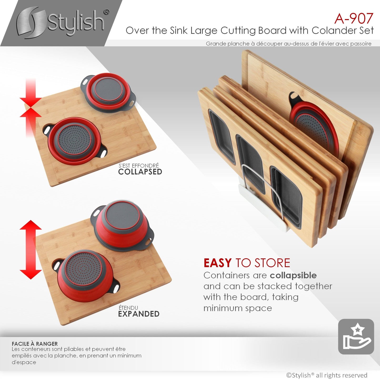 Stylish 16" Over The Sink Large Cutting Board With Colander Set A-907