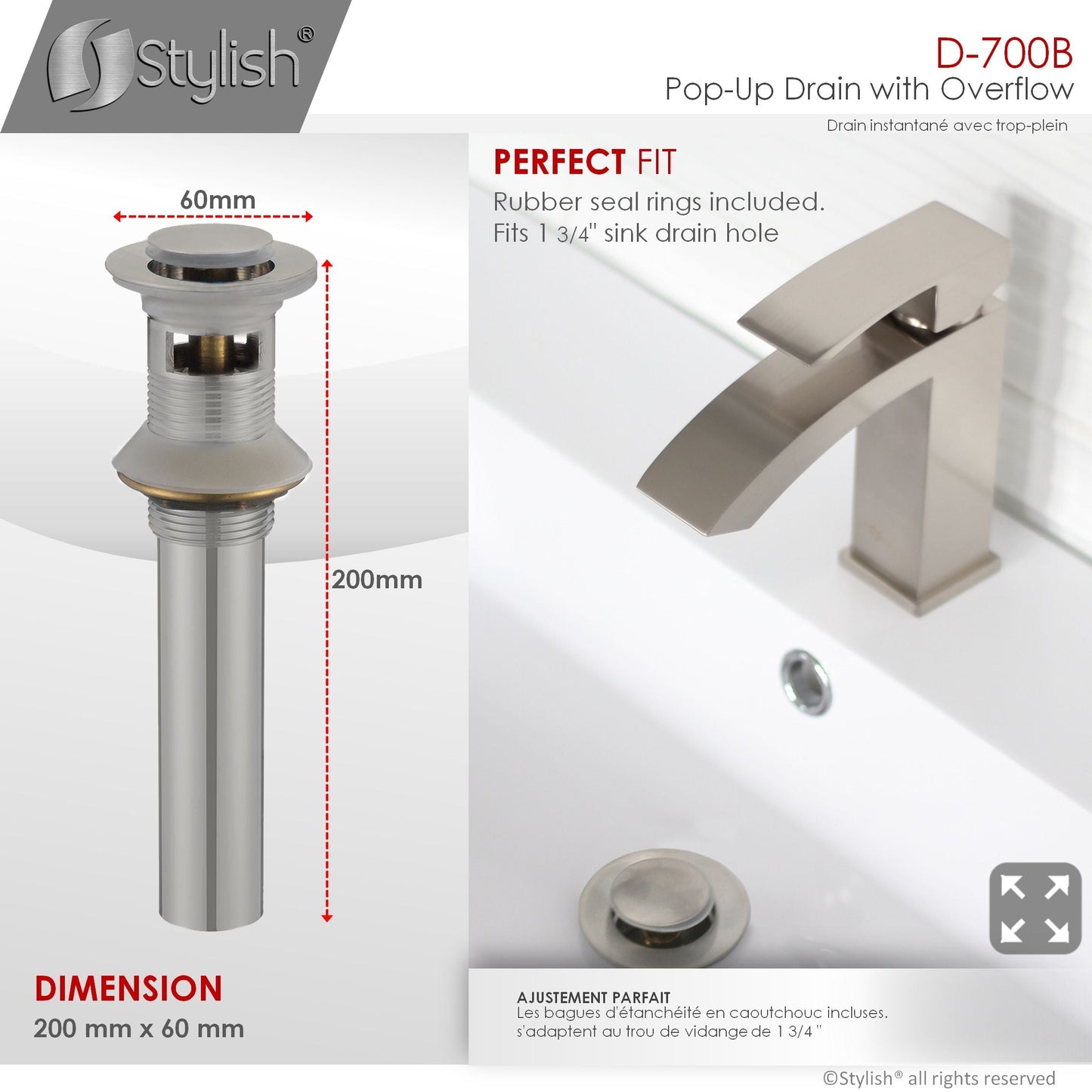 Stylish Pop-Up Drain with Overflow, Brushed Nickel Finish D-700B