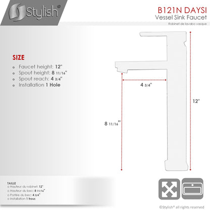 Stylish Daysi 12" Single Hole Single Handle Vessel Bathroom Faucet in Matte Black B-121N