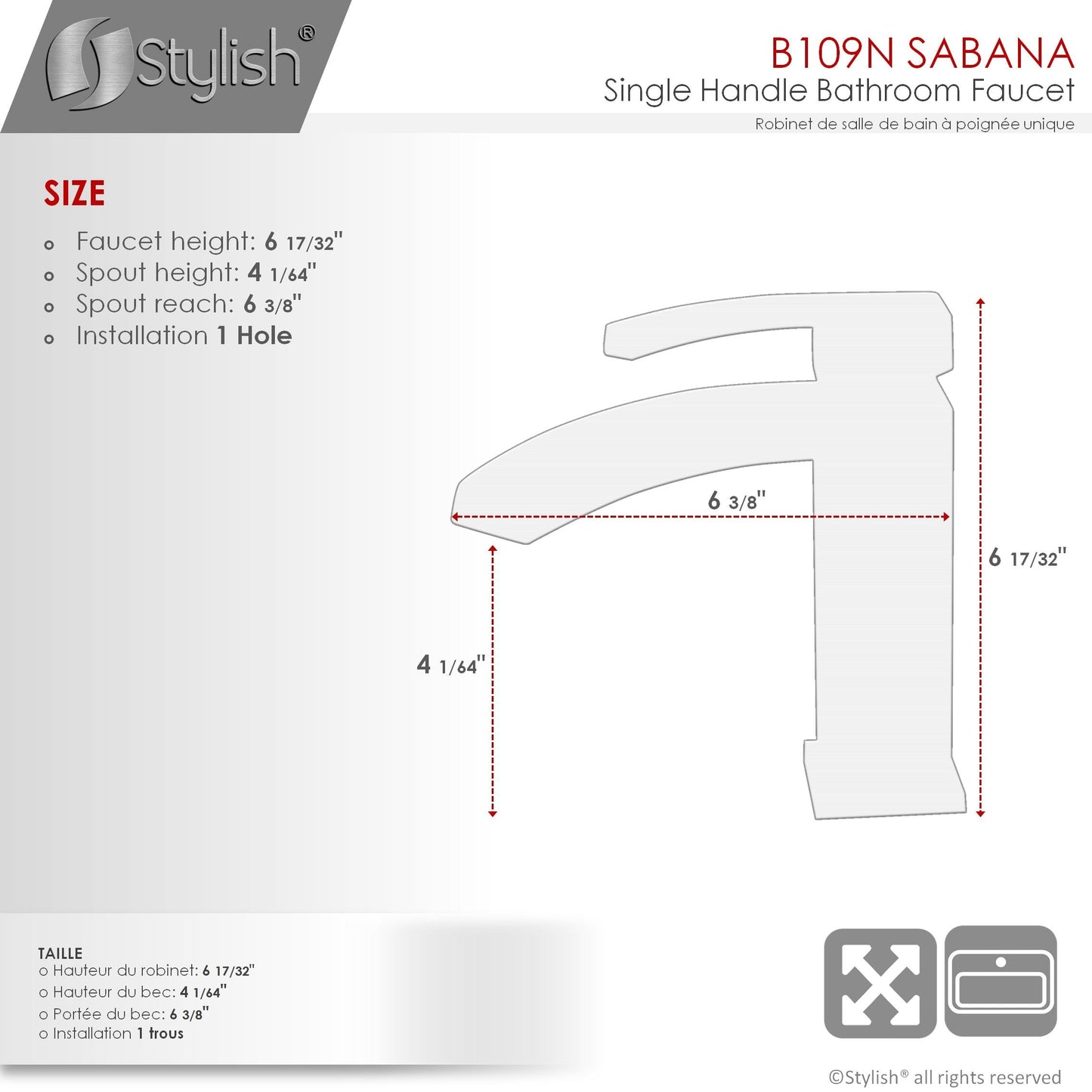 Stylish Sabana Single Handle 7" Bathroom Faucet for Single Hole Brass Basin Mixer Tap, Matte Black Finish B-109N