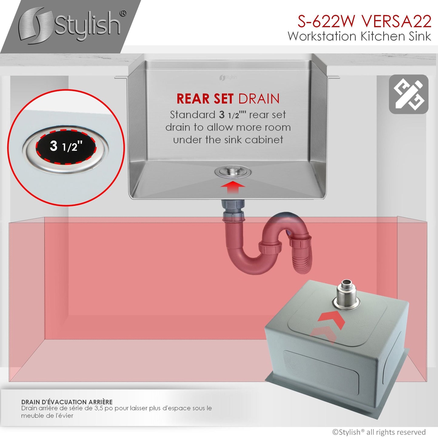 Stylish Versa22 22" x 19" Workstation Single Bowl Undermount 16 Gauge Stainless Steel Kitchen Sink with Built in Accessories S-622W