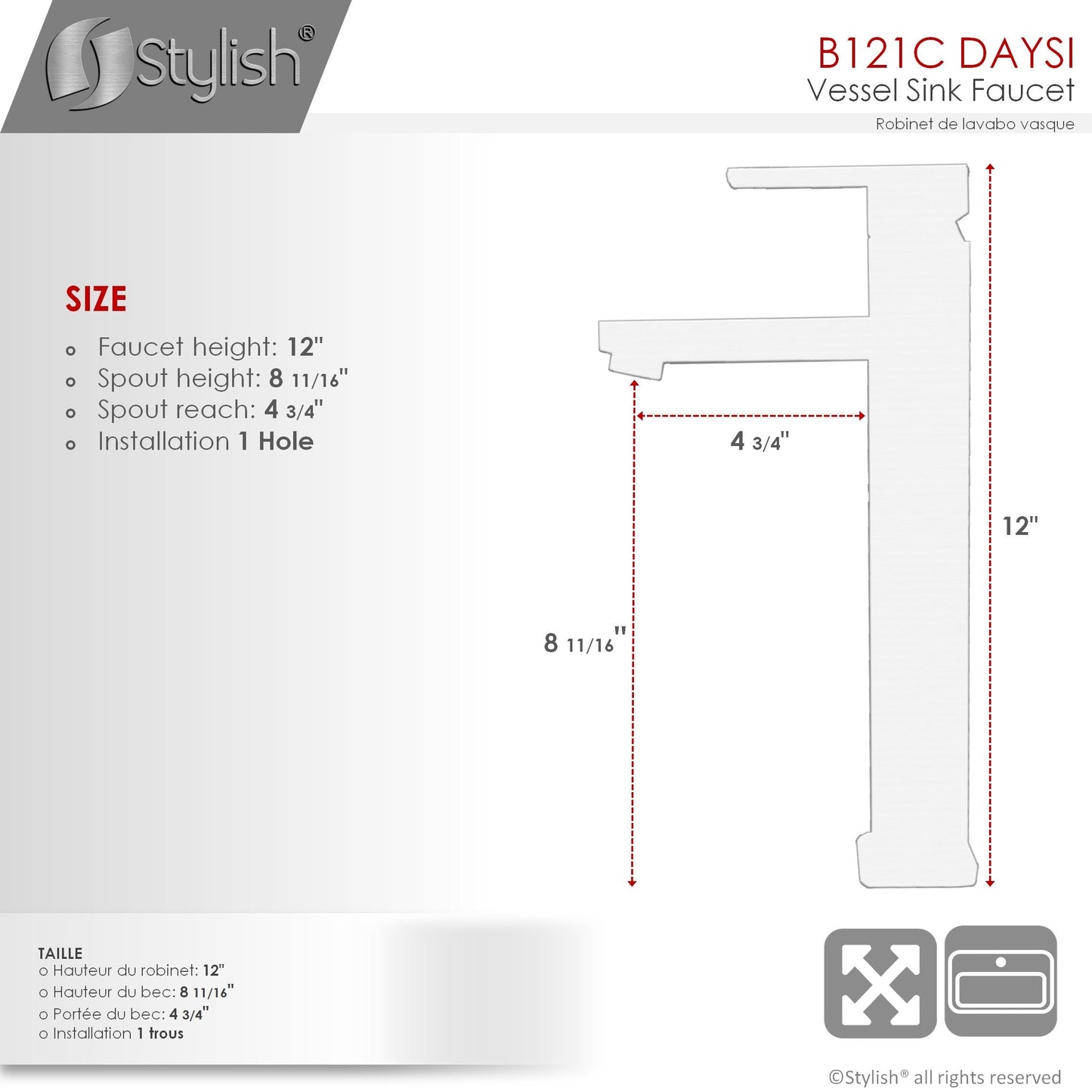 Stylish Daysi 12" Single Handle Bathroom Vessel Faucet Polished Chrome B-121C