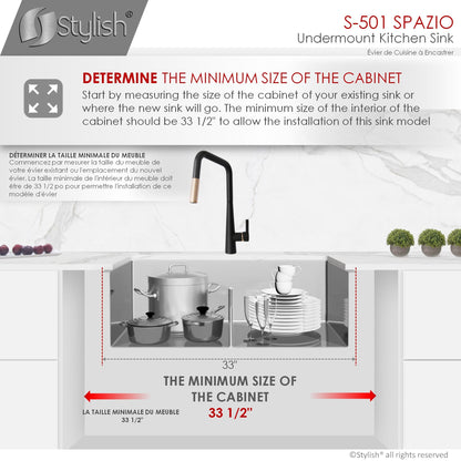 Stylish Spazio 33" x 18" Slim Low Divider Double Bowl Undermount Stainless Steel Kitchen Sink S-501XG