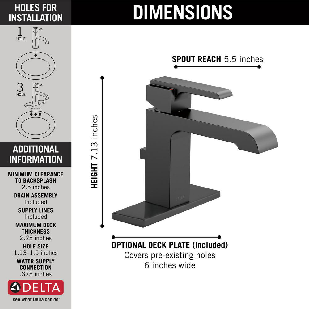 Delta ARA Single Handle Bathroom Faucet- Matte Black (With Pop-up Drain)