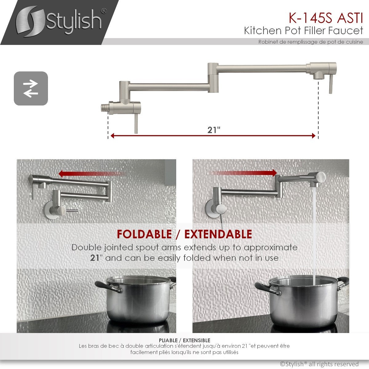 Stylish ASTI Stainless Steel Wall Mount Pot Filler Folding Stretchable with Single Hole Two Handles K-145S