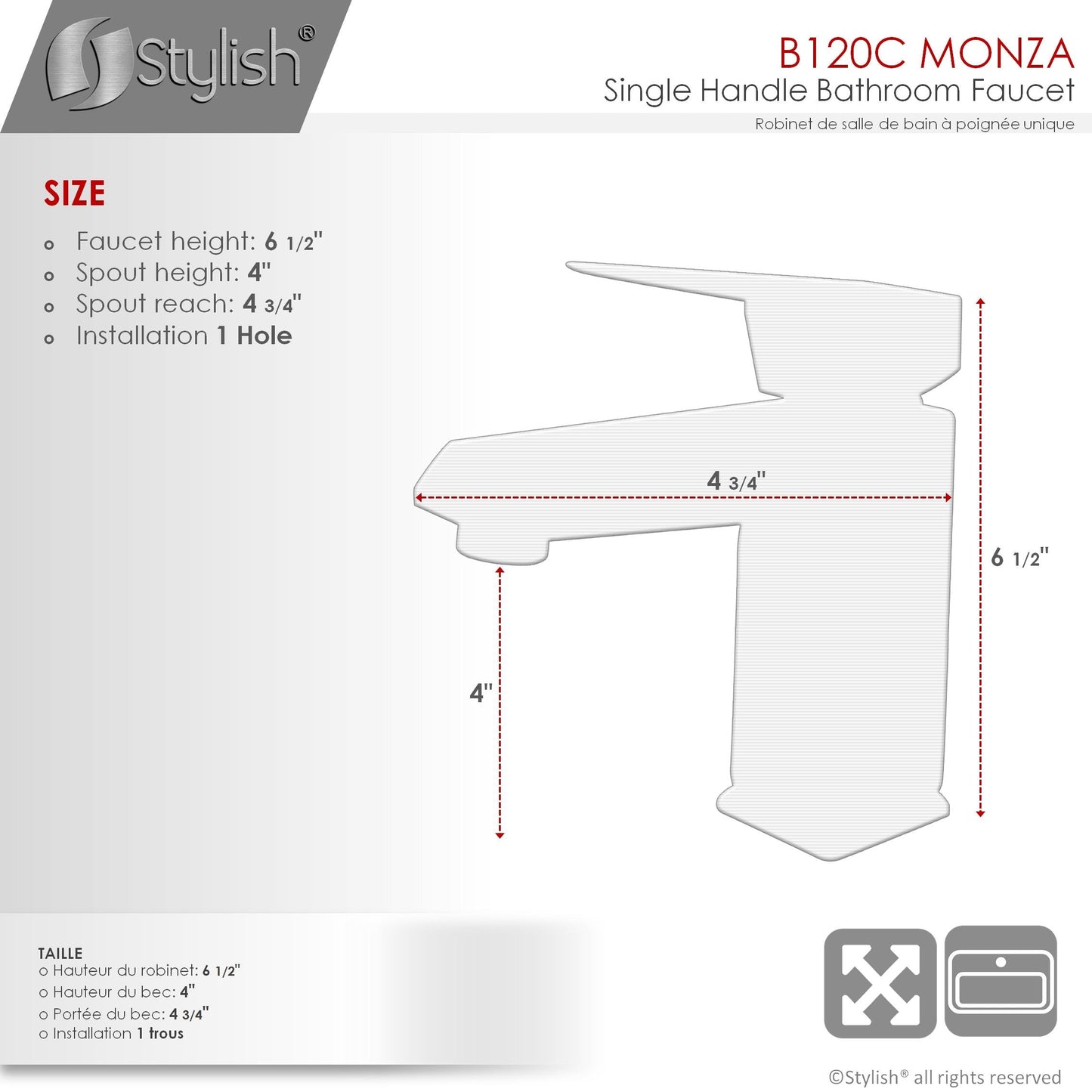 Stylish Monza Single Handle 6.5" Bathroom Faucet for Single Hole Brass Basin Mixer Tap, Polished Chrome Finish B-120C