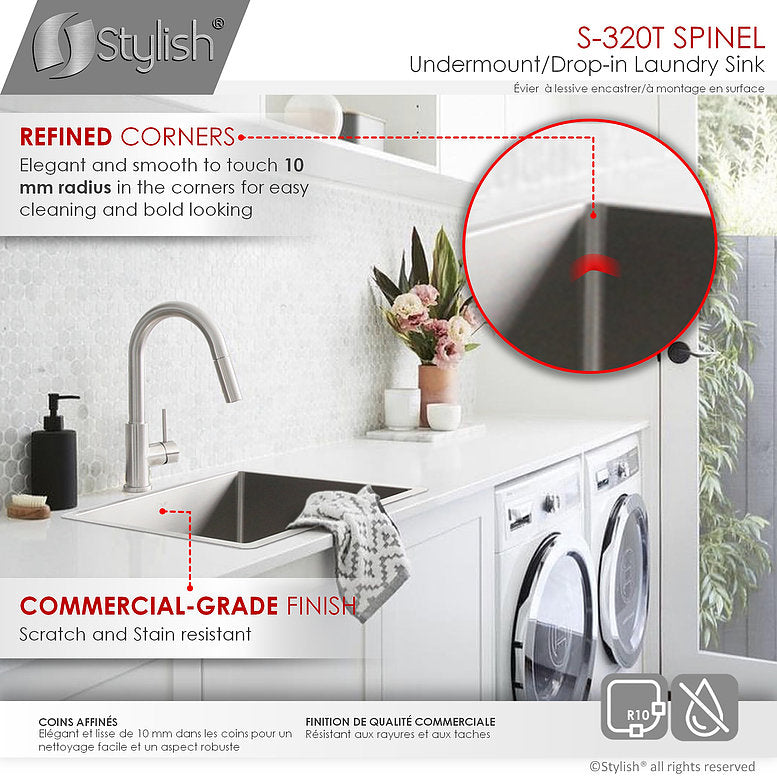 Stylish Spinel 22" x 18" Stainless Steel Single Bowl Undermount Laundry Sink S-320T
