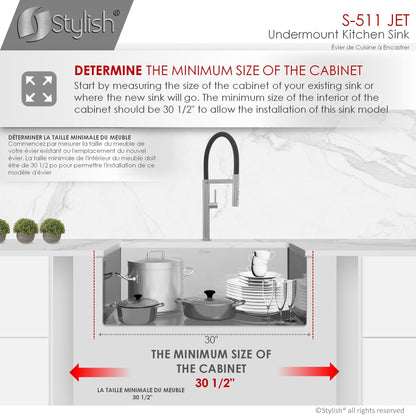 Stylish Jet 30" x 18" Single Bowl Stainless Steel Kitchen Sink with Square Strainer S-511XG