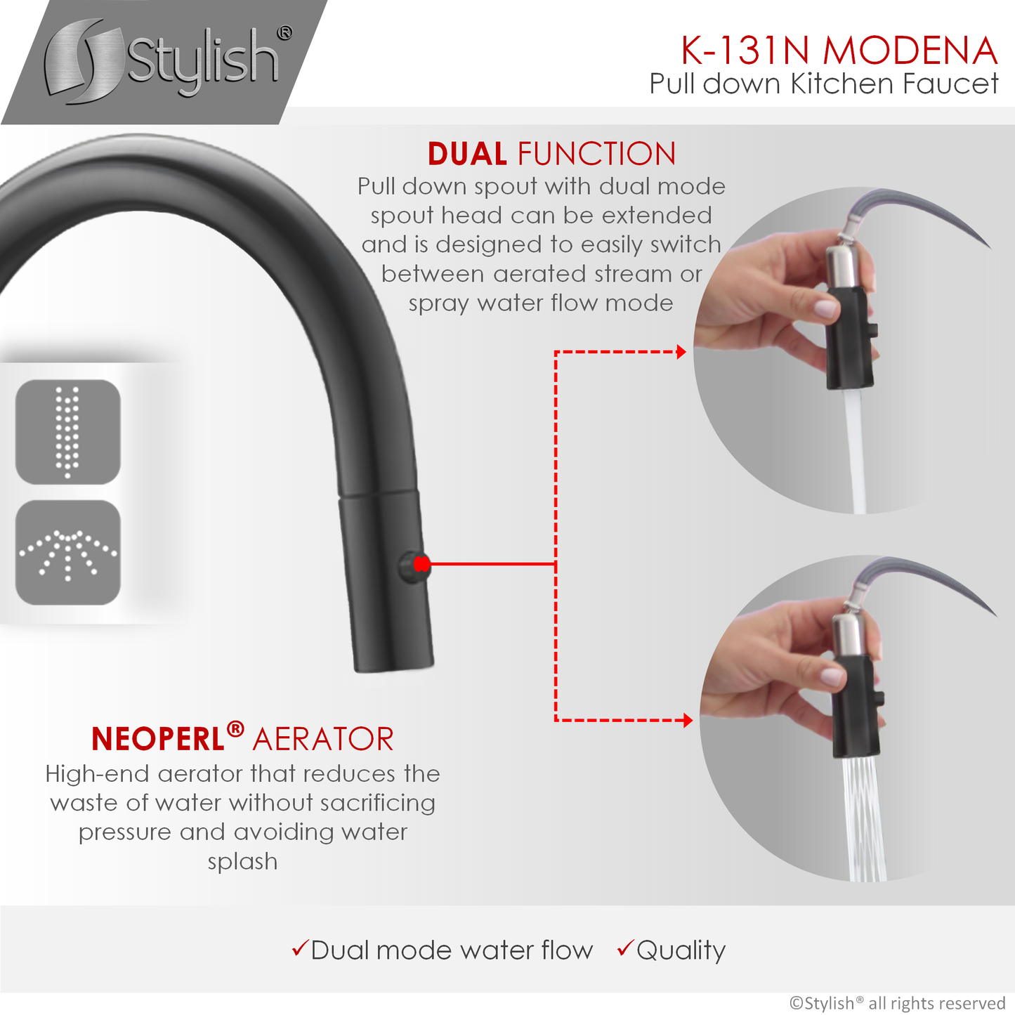 Stylish Modena 14" Kitchen Faucet Single Handle Pull Down Dual Mode Stainless Steel Matte Black Finish K-131N