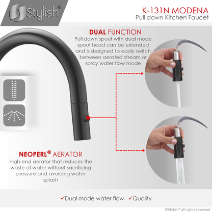 Stylish Modena 14" Kitchen Faucet Single Handle Pull Down Dual Mode Stainless Steel Matte Black Finish K-131N