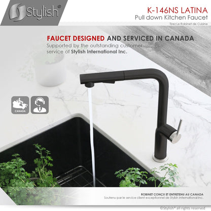 Stylish Latina 13" Kitchen Faucet Single Handle Pull Down Dual Mode Stainless Steel Matte Black with Silver Base and Handle Finish K-146NS