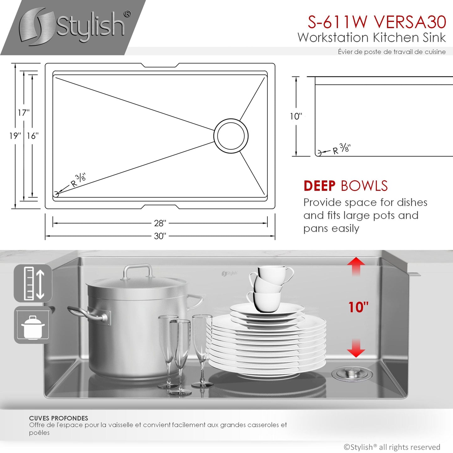 Stylish Versa30 30" x 19" Workstation Single Bowl Undermount 16 Gauge Stainless Steel Kitchen Sink with Built in Accessories S-611W
