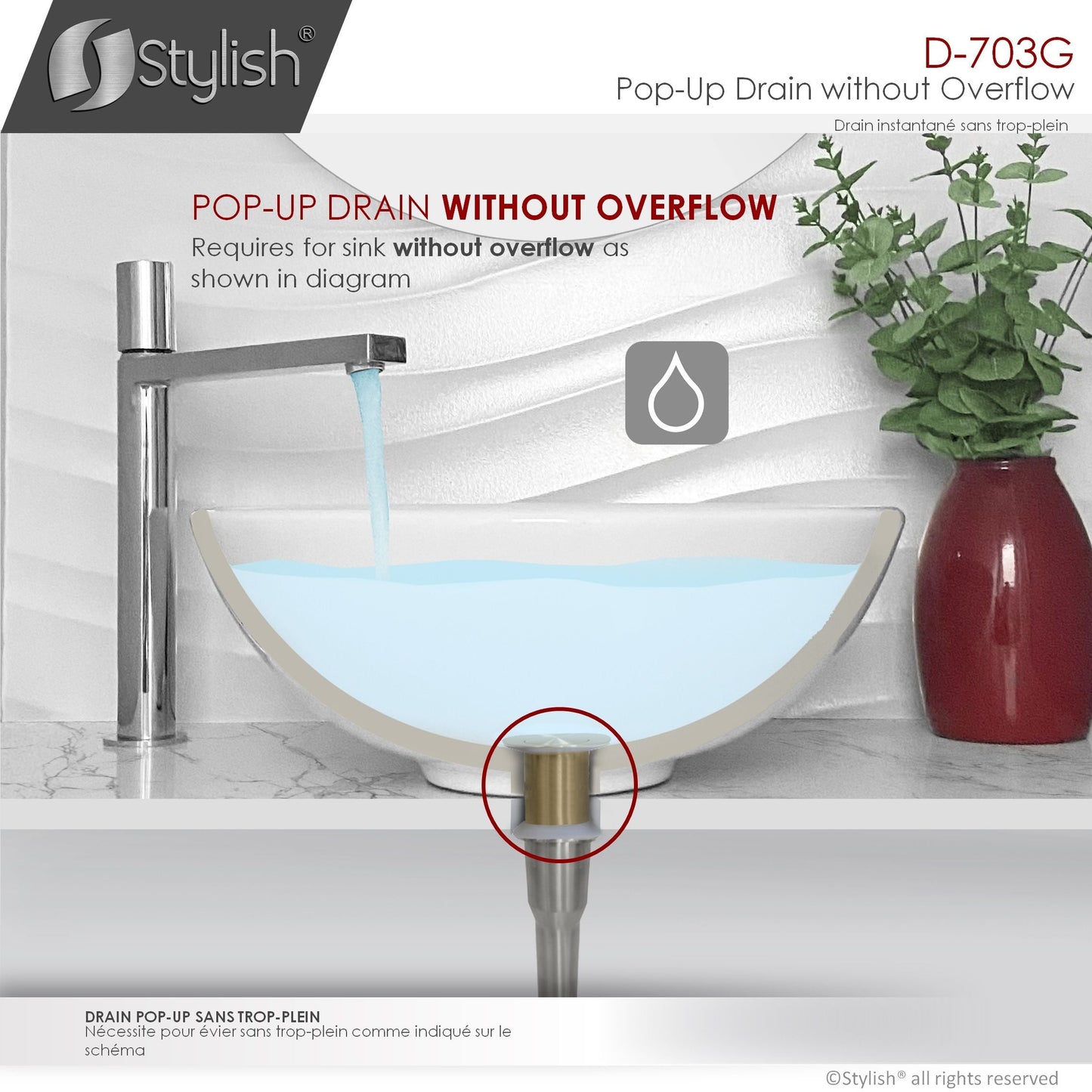 Stylish Stainless Steel Bathroom Sink Pop-Up Drain without Overflow Brushed Gold Finish D-703G