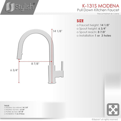 Stylish Modena 14" Kitchen Faucet Single Handle Pull Down Dual Mode Stainless Steel Brushed Finish K-131S