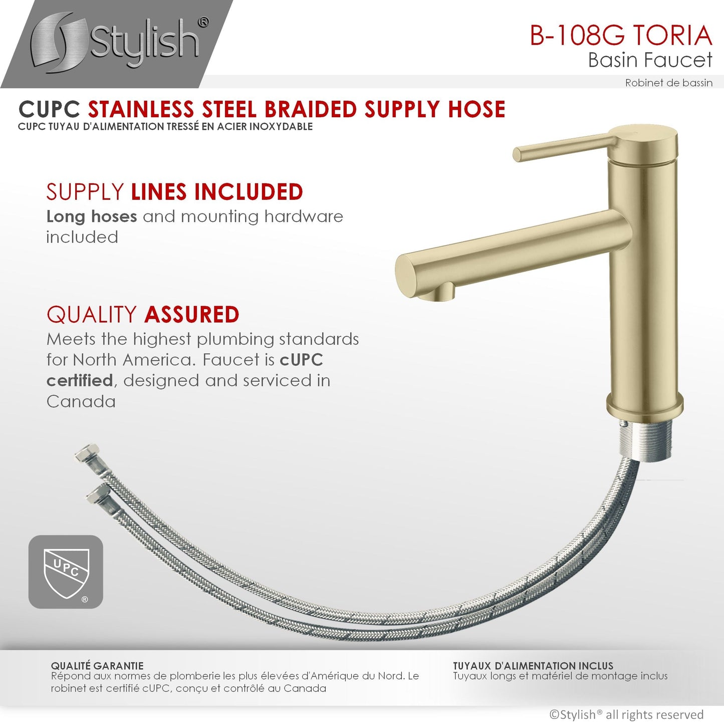 STYLISH Toria 6" Single Handle Basin Bathroom Faucet in Brushed Gold Finish B-108G