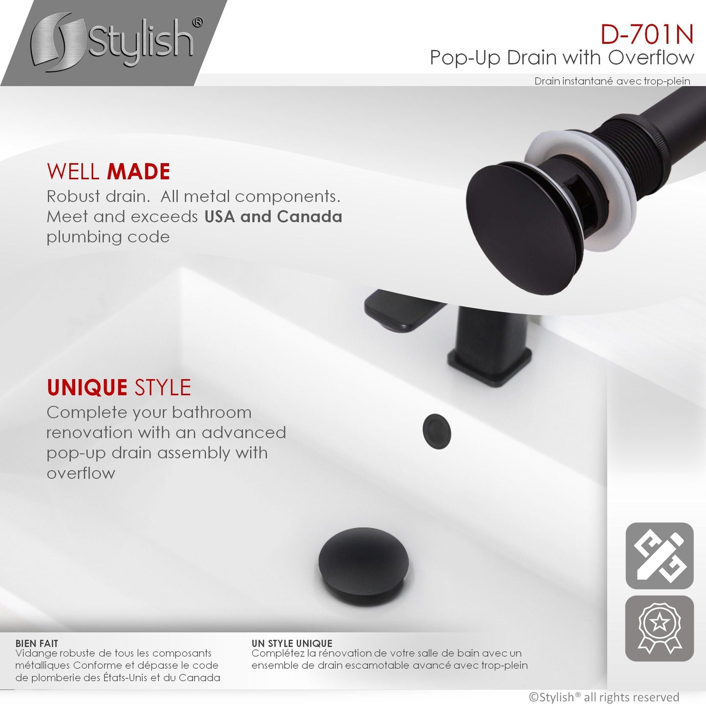 Stylish Pop-Up Drain with Overflow D-701N