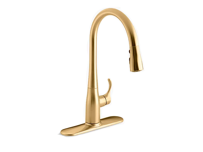Kohler Simplice 16" Modern Single Hole or Three Hole Kitchen Faucet With 16-5/8" Pull Down Spout, Docknetik Magnetic Docking System, and a 3 Function Sprayhead Featuring Sweep Spray Vibrant Brushed Brass
