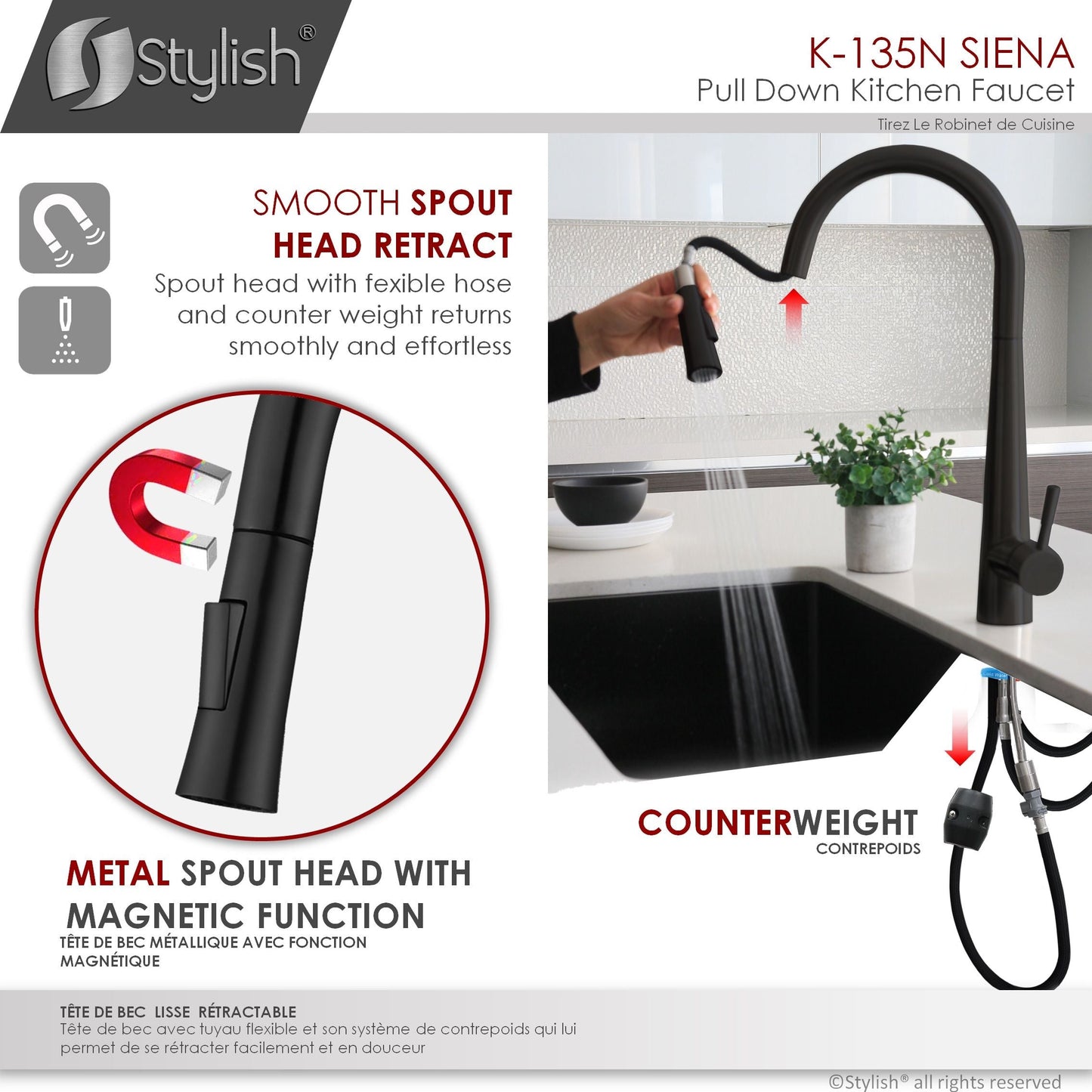Stylish Siena 17" Kitchen Faucet Single Handle Pull Down Dual Mode Stainless Steel in Matte Black Finish K-135N