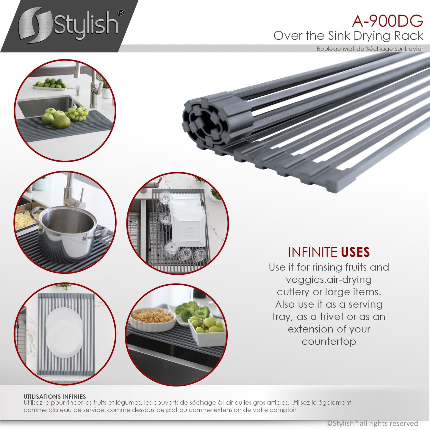 Stylish 20" Over the Sink Roll-up Drying Rack Dark Gray A-900DG