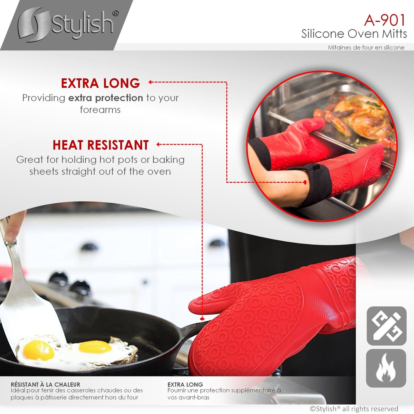 Stylish Heat Resistant Silicone Oven Mitts A-901-RED