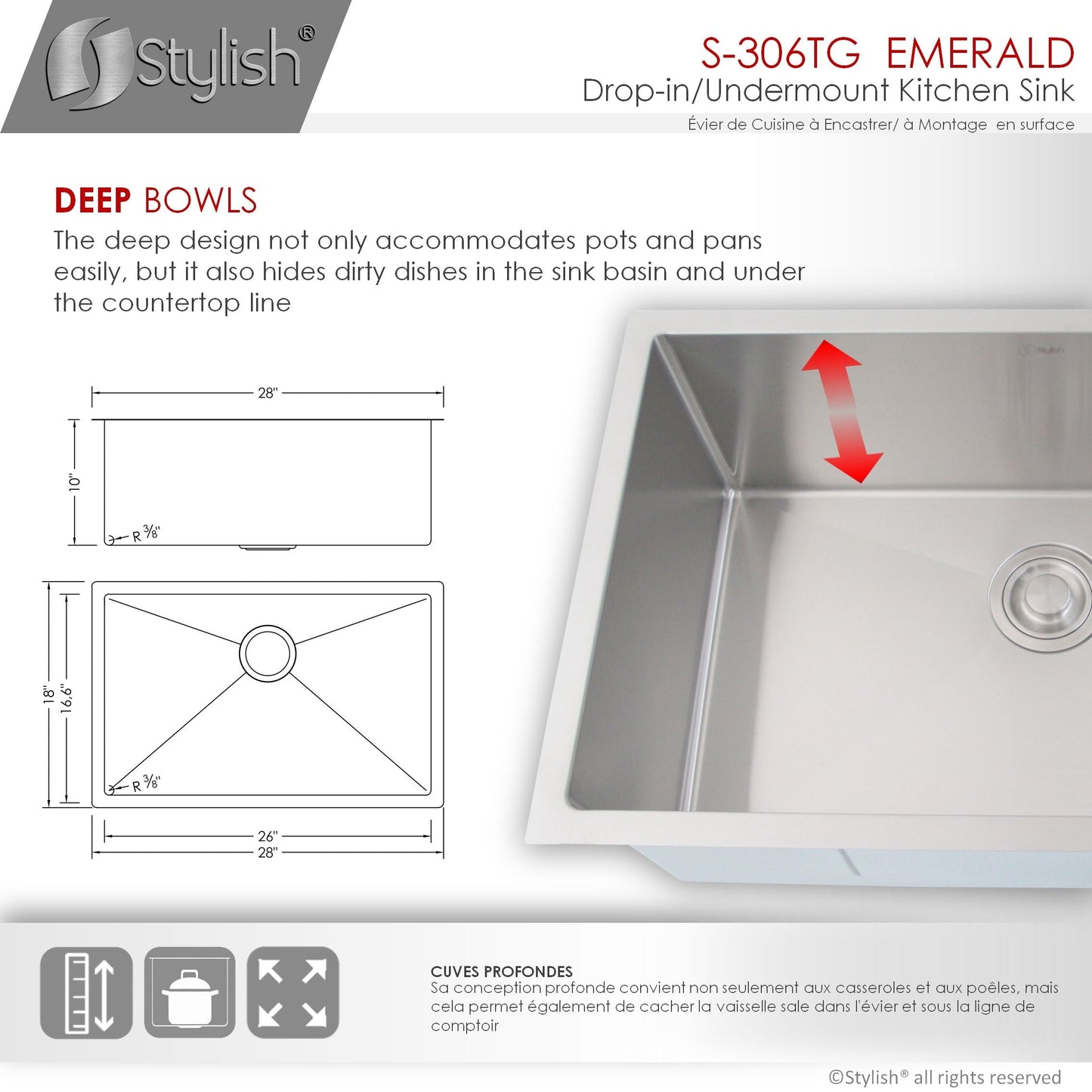 Stylish Emerald 28" x 18" Single Bowl Drop-in/Undermount Stainless Steel Kitchen Sink S-306TG