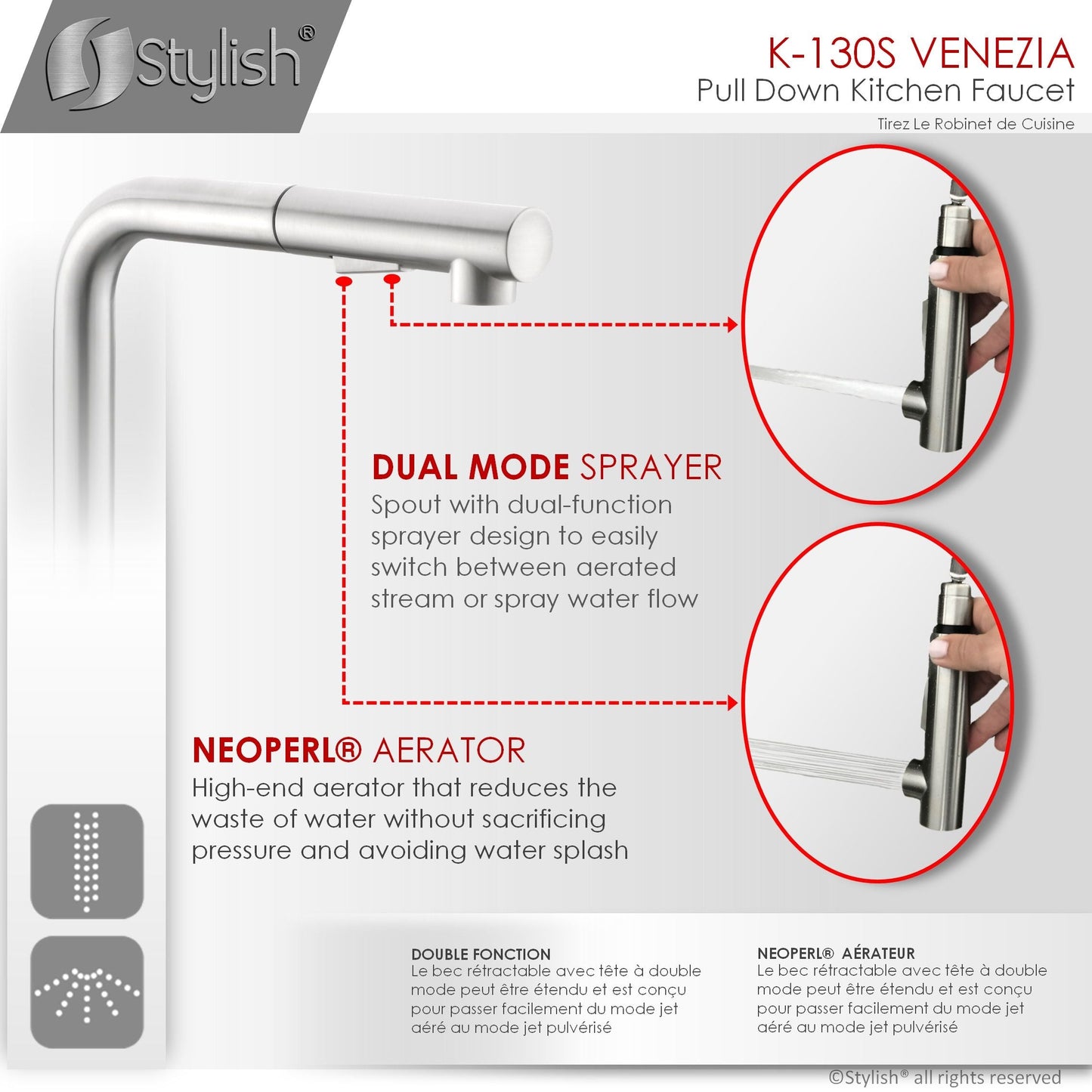 Stylish Venezia 12" Kitchen Faucet Single Handle Pull Down Dual Mode Stainless Steel, Brushed Finish K-130S