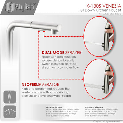 Stylish Venezia 12" Kitchen Faucet Single Handle Pull Down Dual Mode Stainless Steel, Brushed Finish K-130S