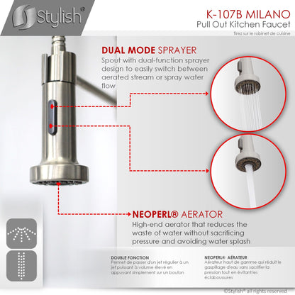 Stylish Milano 17.5" Kitchen Faucet Single Handle Pull Down Dual Mode Lead Free Brushed Nickel Finish K-107B