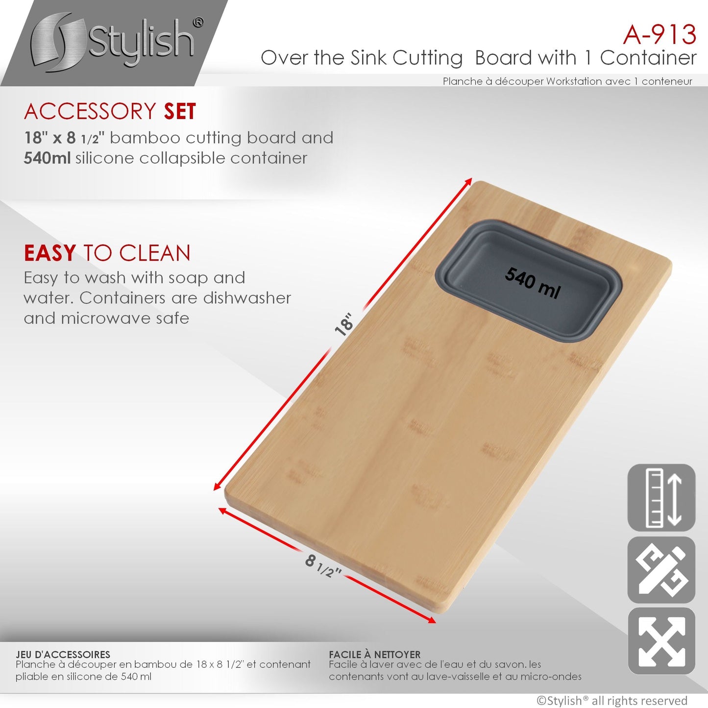 Stylish 18" Over The Sink Serving Board With 1 Container A-913