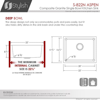 Stylish Aspen 22" x 17.5" Dual Mount Single Bowl Black Composite Granite Kitchen Sink with Strainer