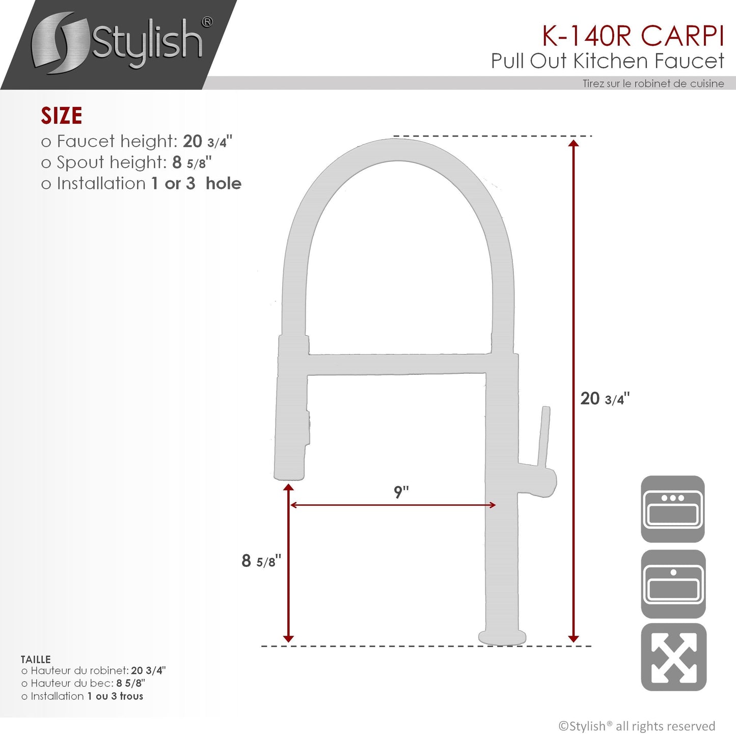Stylish Carpi 20" Stainless Steel Single Handle Pull Out Dual Mode Kitchen Faucet with Red Spout Hose K-140R